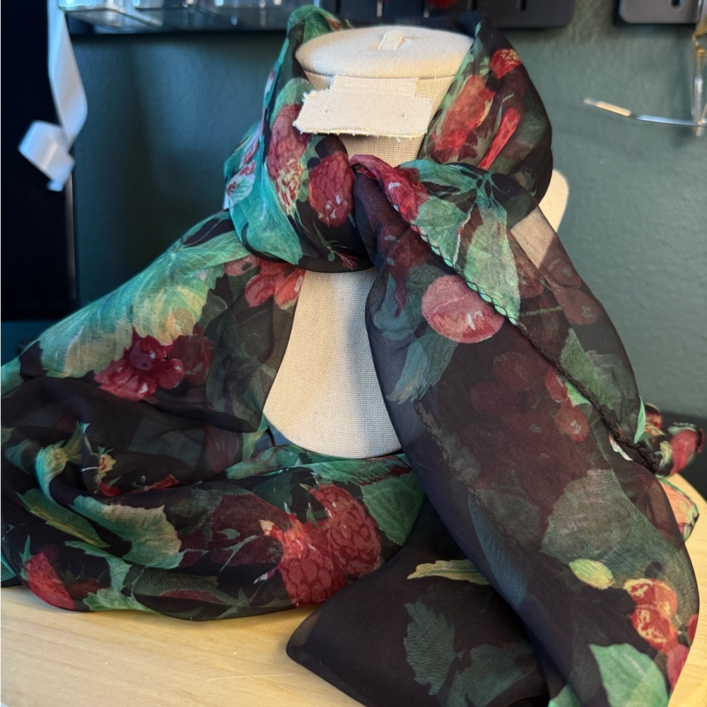 Vintage Black and Red Scarf Floral and Fruits Y2K